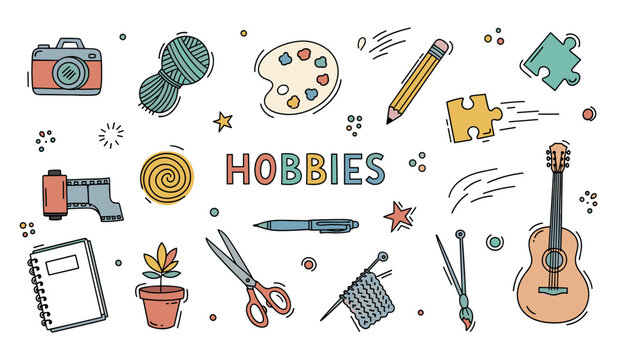 Hobbies items showcasing crafting and musical tools on white background