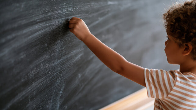 black chalkboard empty clean surface in elementary school classroom during first week of autumn semester with small child perspective showing tiny hand reaching upward with chalk