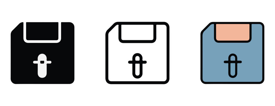 Three different colored floppy disk icons in black white and blue with various tab colors on a plain white background
