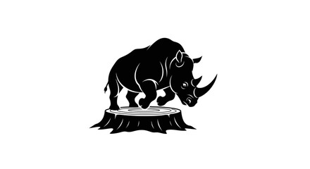 Silhouette of a rhinoceros leaping from a tree stump in monochrome style. © filet