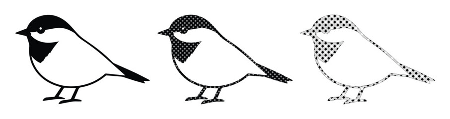 Minimalist chickadee bird vector set, black and white songbird icons, three stylized garden bird illustrations for nature logos and branding © Asma
