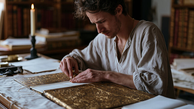 Heritage bookbinder sews new text block into gold-tooled restored cover at candlelit bench in private library workshop, book conservation craft, leather binding restoration