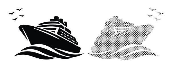 Cruise ship vector icons set, black silhouette ocean liner on waves with seagulls, nautical travel and maritime vacation symbols for logo design © Asma