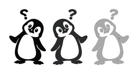Confused penguin cartoon vector set, cute penguin character with question mark, funny arctic animal icons in black and gray silhouettes © Asma