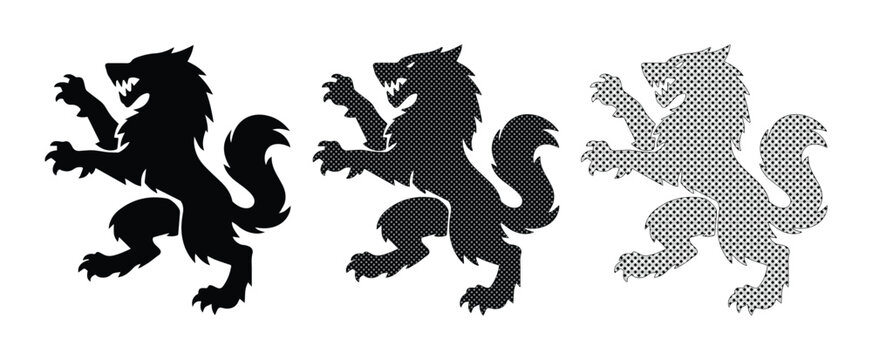 Heraldic wolf rampant silhouette set, medieval beast coat of arms icons, black and grey predatory animal vector graphics for crest design