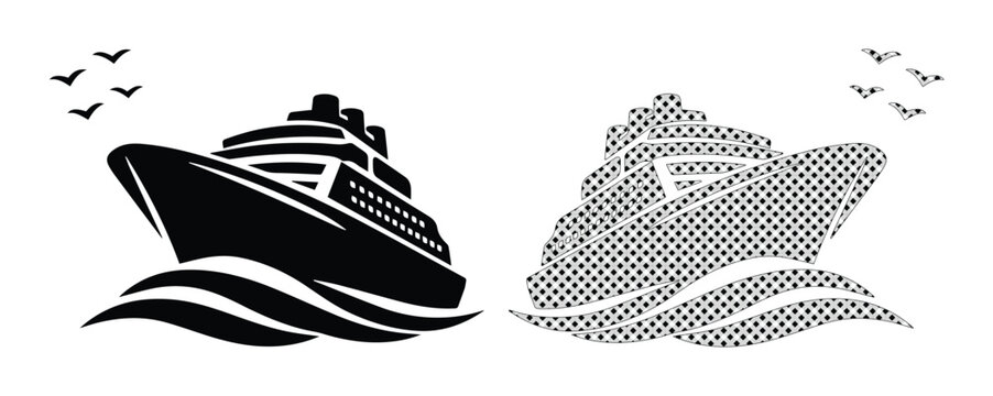 Cruise ship vector icons set, black silhouette ocean liner on waves with seagulls, nautical travel and maritime vacation symbols for logo design
