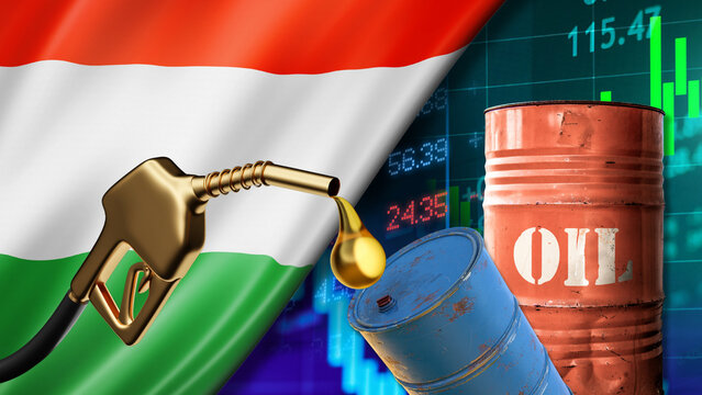 The fluctuations in Hungarian oil prices amidst the instability of the financial and economic markets are illustrated by oil barrels, fuel pumps, and data charts against a backdrop of the national 