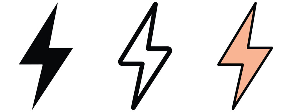 Three lightning bolt icons in black outline and filled colors on transparent background for web design  modern simple energetic symbols