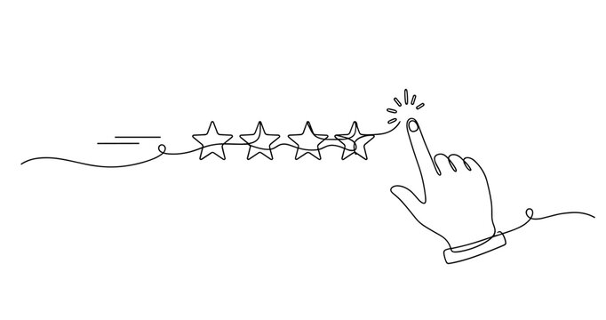 Continuous line drawing of hand selecting four-star rating with forefinger gesture. None editable stroke