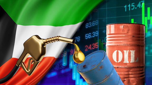 The fluctuations in Kuwaiti oil prices amidst the instability of the financial and economic markets are illustrated by oil barrels, fuel pumps, and data charts against a backdrop of the national flag.