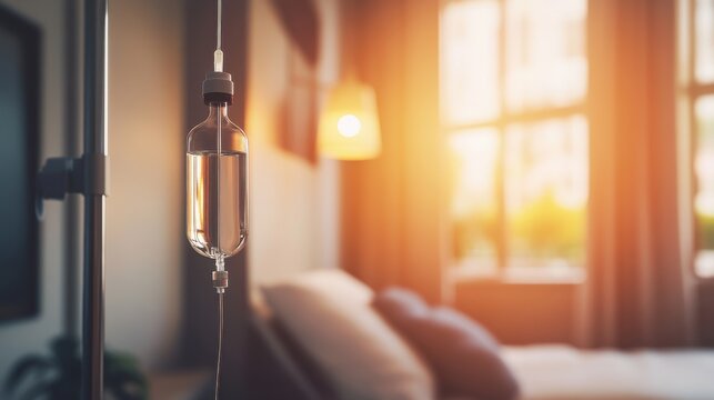 Close up of an IV bag with saline solution in a bright room