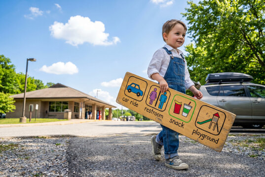 Child carrying autism travel routine board during family vacation