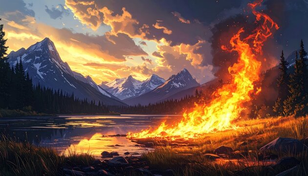 A blazing fire illuminates a tranquil lake and majestic mountains at sunset