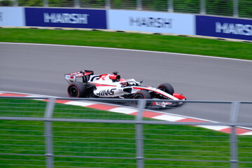 Naklejka premium May 24, 2026, Montreal, Canada - Haas Formula 1 car on track by Ocon and Bearman at Circuit Gilles Villeneuve. g.