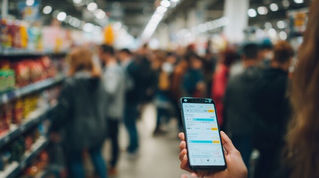 Grocery store checkout line with smartphone