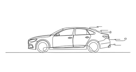 Fototapeta premium Mid size sedan car moving along road side profile drawing. No editable stroke