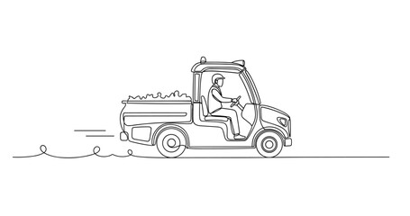 Fototapeta premium Utility vehicle driven by worker transporting cargo on road. No editable stroke