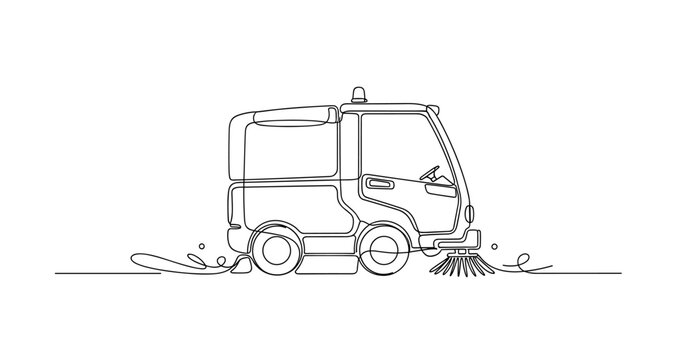 Street sweeper cleaning roadway in minimal line art. No editable stroke