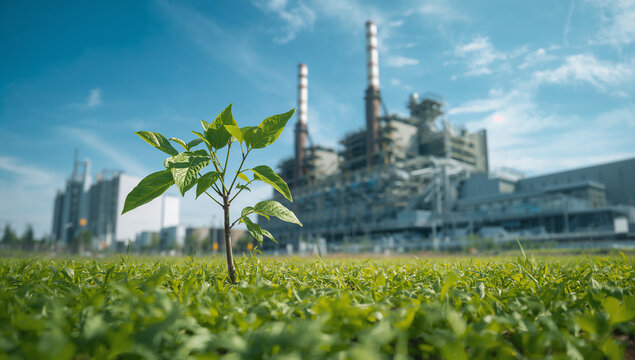 Green sapling before refinery towers, symbolizing climate action, pollution control, and sustainable future.