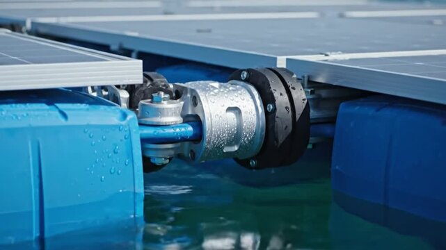 Close up of a heavy duty connector joint on floating solar panel pontoon structures. Highlighting clean renewable energy engineering and modern industrial technology.
