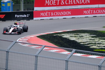 Naklejka premium May 24, 2026, Montreal, Canada - Haas Formula 1 car on track by Ocon and Bearman at Circuit Gilles Villeneuve. g.