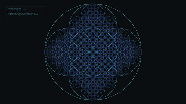 Blue Apollonian gasket fractal geometry pattern on black background