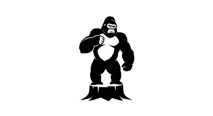 Powerful gorilla stands tall on a tree stump showcasing strength and dominance in the wild. © filet