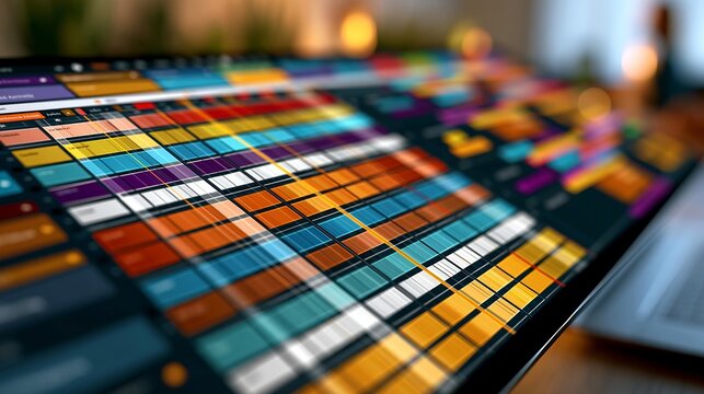 Detailed digital interface screen displaying colorful spreadsheet grids with blurred depth of field and soft lighting