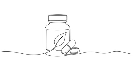 Obraz premium Minimalist line art of supplement bottle with capsules highlighting natural health. No editable stroke