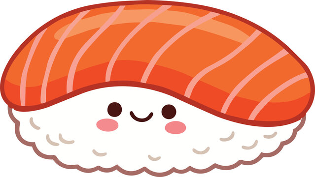 Cute kawaii salmon sushi nigiri character, traditional Japanese food doodle