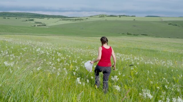Woman gathering medicinal wild herbs in natural flower meadow