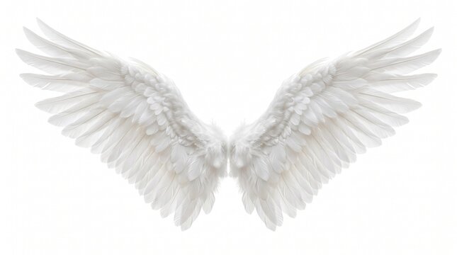 Pair of white angel wings detailed feather illustration isolated on white background for fantasy spiritual or design projects