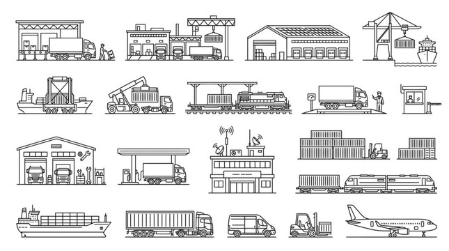 Logistics Icons: A collection of line art icons representing various modes of transportation and logistics, including trucks, trains, ships, airplanes, and warehouses.