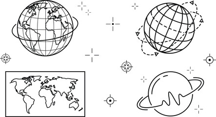 Global Network And Planet Geography Line Icon Set With World Map Satellites Orbit Star Symbols © MstBabli