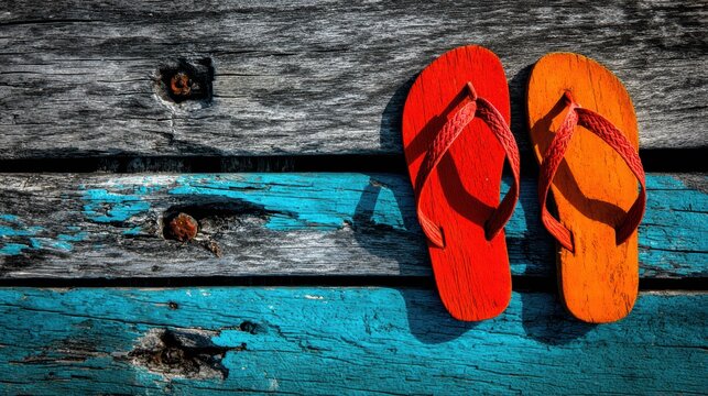 Summer Soles: Vibrant red and orange flip-flops rest on weathered wooden planks, hinting at a relaxing summer day filled with sunshine and beach adventures.
