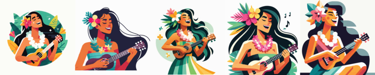 Vector of a Hawaiian woman playing a ukulele © FirdianKrisna