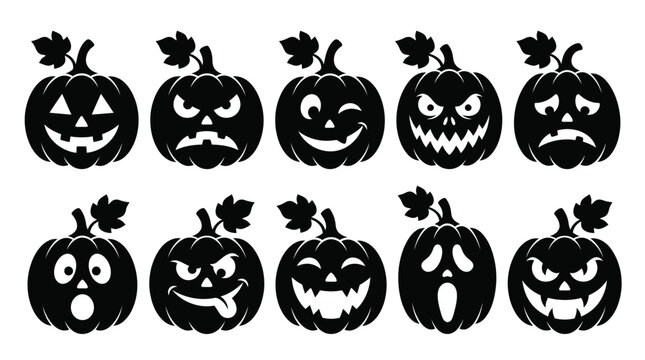 Collection of black pumpkin silhouettes featuring various scary and funny faces for festive halloween design projects