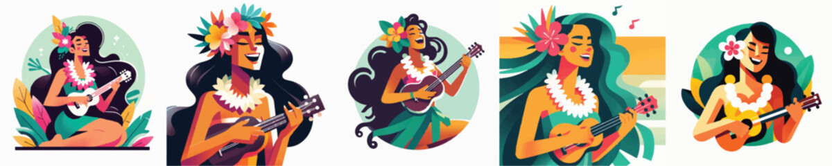 Vector of a Hawaiian woman playing a ukulele © FirdianKrisna