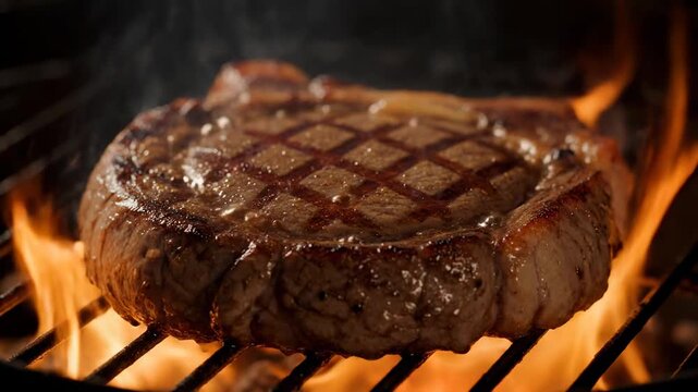 A perfectly grilled steak on a flaming grill. Diamond pattern marks from the grill