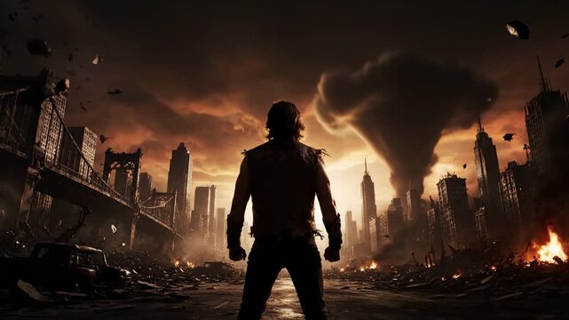 A person, backlit against a fiery sky, stands in a desolate city of rubble and destroyed buildings, with a bridge in the distance