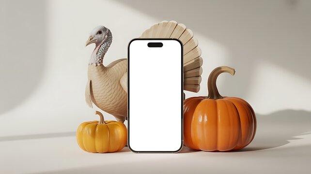 Modern smartphone displays blank screen surrounded by Thanksgiving holiday symbols like pumpkins and turkey