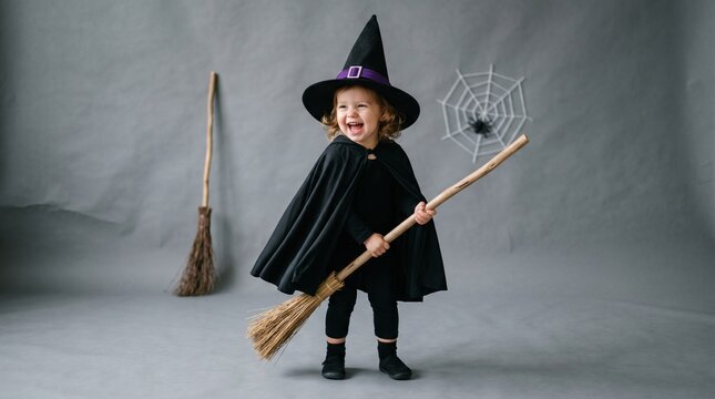 A young girl dressed as a witch holds a broomstick with a spider web next to two brooms.