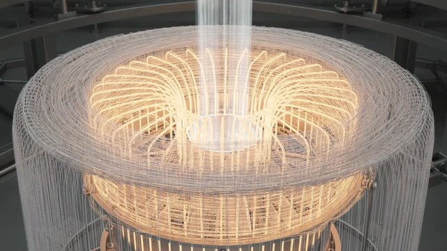 Medium shot capturing radial quench system where cooling air surrounds molten filaments uniformly highlighting circular airflow patterns and controlled cooling rates.