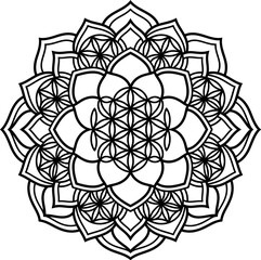 Intricate Black and White Geometric Mandala Design with Symmetrical Patterns and Floral Motifs. Detailed line art mandala with floral and geometric symmetry  © Designerliton50