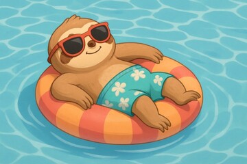 Fototapeta premium Relaxing sloth floating poolside.