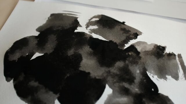 close-up shot capturing a hand using a round mop brush to create a bold, abstract ink painting on textured white paper, it absorbs the ink, showcasing realistic bleeding and dry brush strokes. 