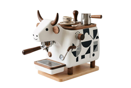Artisan cow-shaped espresso machine with geometric black and white pattern, walnut wood accents and horns, steam wand, pressure gauge, espresso cup and milk pitcher on top.