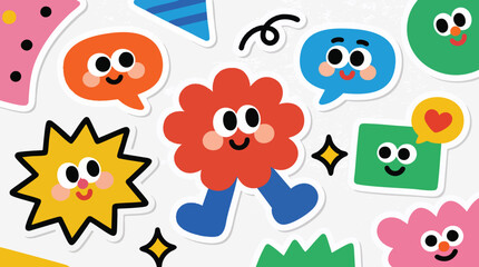 Naklejka premium Cute Retro Y2K Doodle Stickers Vector Set with Funny Characters and Speech Bubbles