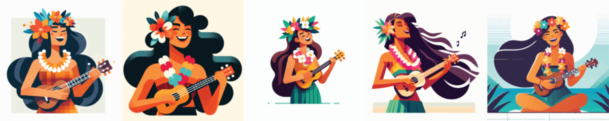 Vector of a Hawaiian woman playing a ukulele © FirdianKrisna