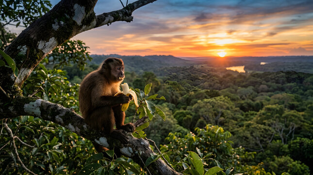 monkey chilling above the tallest tree in forest